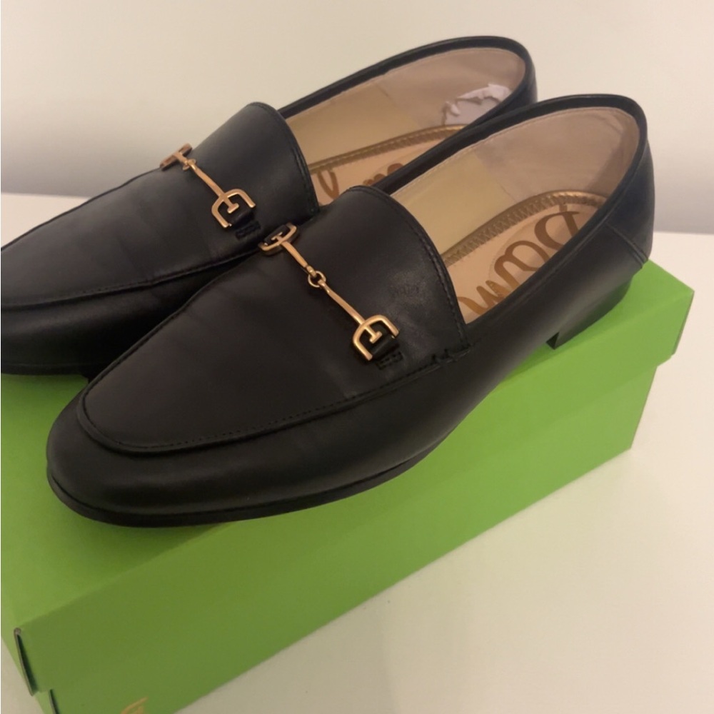 Sam Edelman Black Leather Loafers with Gold Accent